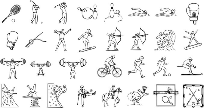 Black and White Line Art Sports Icons Set. Hand-drawn collection of athletic activities: tennis, golf, bowling, swimming, boxing, archery, surfing, skiing, running, cycling, weightlifting, and more.