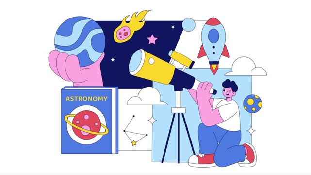 Animation of Astronomy Vector Illustration Featuring People Observing a Starry Night Sky with Galaxies and Planets in Outer Space Through Telescopes
