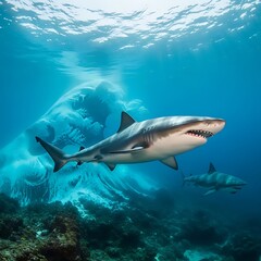 Fototapeta premium Underwater view of a shark swimming in the ocean with clear water