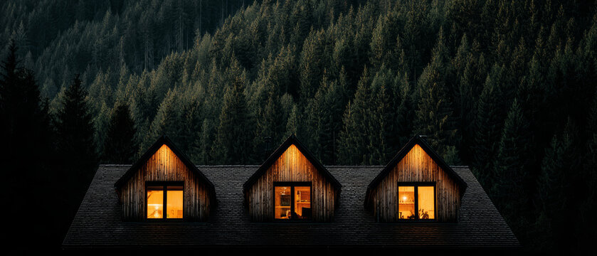 Cozy cabin roof attic window forest mountain lodge warm light night wooden house exterior pine tree background remote woodland home