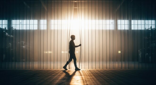 Person walks through plastic strip curtains into a brightly lit warehouse.