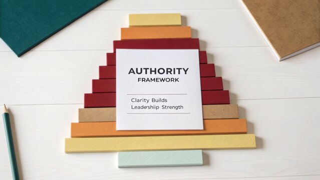 Colorful layered blocks illustrating the concept of authority in leadership framework on clean white desk