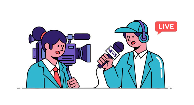 News reporter interviewing with a live broadcast microphone and camera crew covering the event