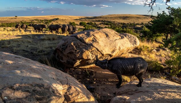 African Buffalo Herd Roaming Rocky Landscape at Golden Hour.