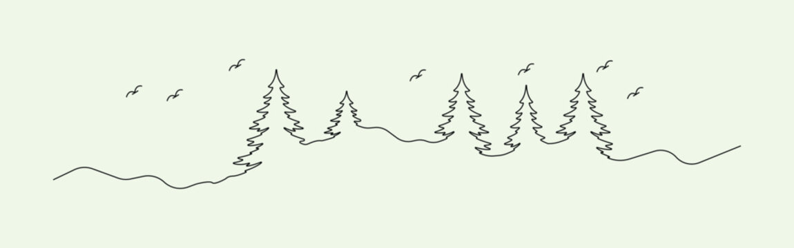 Minimal drawing of birds trees and hills