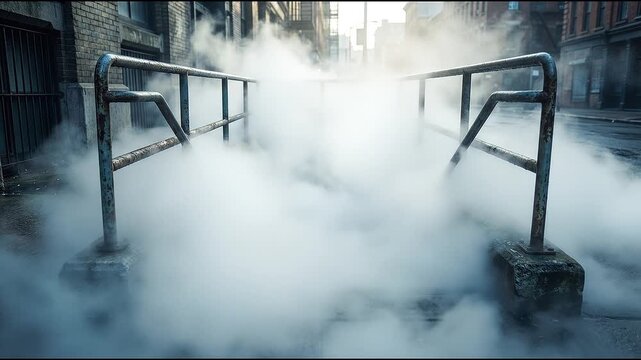 Urban Steam Vent with Rusty Railings in Morning Light