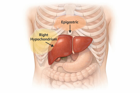Anatomy illustration of human liver location within epigastric and right hypochondrium region. medical diagram for healthcare, diagnosis and scientific study