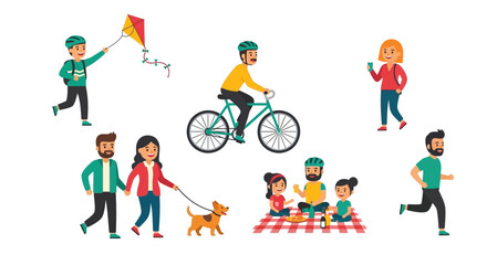 Fototapeta premium Diverse people enjoying outdoor recreational activities like cycling, kite flying, jogging, walking pets, and picnicking in a park setting