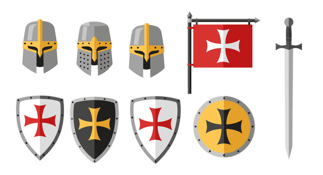Collection of medieval knight armor helmets shields and sword with crusader cross emblems and a red banner flag