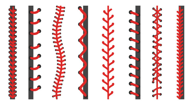 Collection of red baseball stitching patterns isolated on white background featuring various seam styles for sports