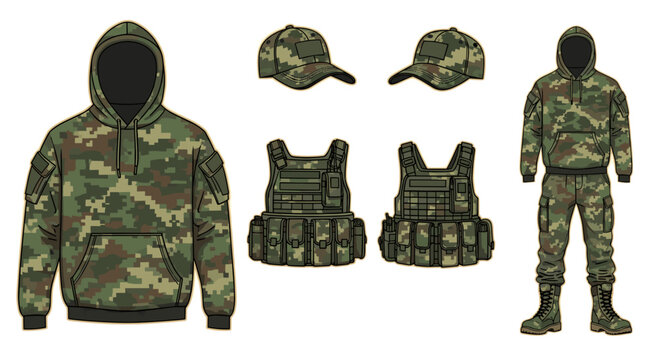 Military camouflage tactical uniform set including hooded jacket combat pants vests and caps for outdoor operative