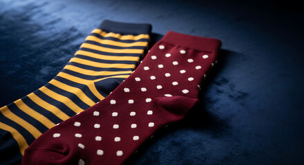 Obraz premium Close Up of Striped and Polka Dot Socks on Blue Velvet Background