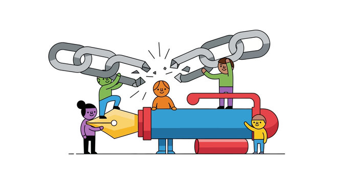 Collaborative creativity Diverse team breaking free from old constraints with a powerful writing tool to forge new connections