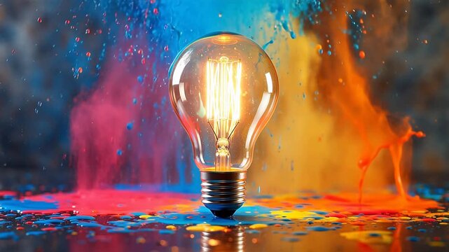 Light bulb with colorful powder explosion representing Generative AI and Creative Energy