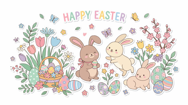 Adorable cartoon vector illustration of a baby Easter bunny with colorful eggs and flowers in a seamless holiday heart pattern featuring fun animal characters