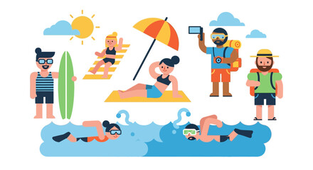 Obraz premium Sunny Beach Holiday Scene Vector Illustration Featuring Diverse People Enjoying Summer Sports and Relaxation by the Sea