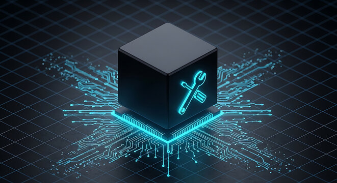 technology maintenance and digital solution a glowing tools icon cube on a circuit board for software updates and system upgrades.