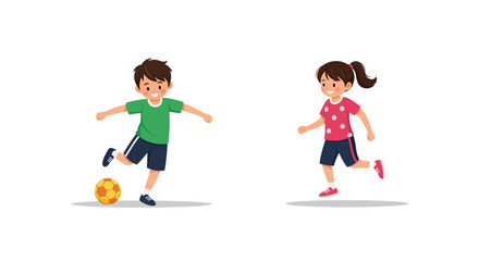 Children playing soccer, a boy kicking a ball and a girl running on a white background © Avra