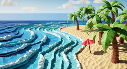 Fototapeta premium Low Poly 3D Tropical Beach with Palm Trees and Waves