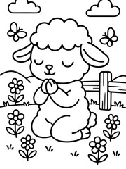 Fototapeta premium Cute Lamb Contemplation: A charming illustration depicts a sweet lamb in a serene meadow, eyes closed in quiet contemplation. Surrounded by flowers and butterflies, the scene exudes tranquility.