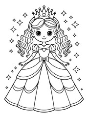 Fototapeta premium Royal Portrait: A charming illustration depicts a graceful princess adorned with a sparkling crown and flowing gown, exuding regal charm and timeless elegance.