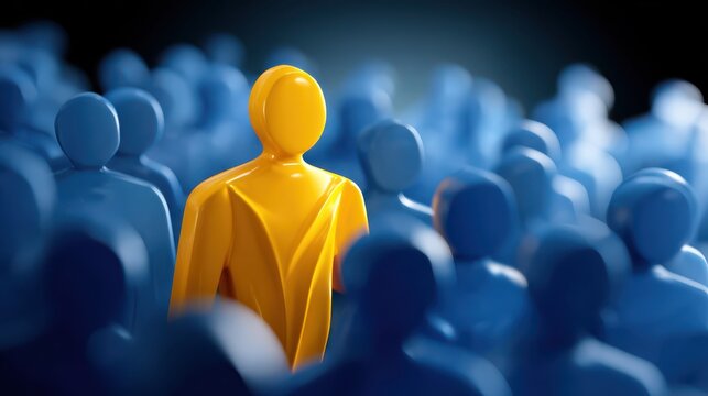 A single yellow figure stands out prominently among numerous blue figures, symbolizing individuality and uniqueness in a crowd.