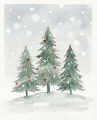 Obraz premium Watercolor Christmas Trees with Red Stars and Snowy Winter Background Illustration 