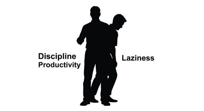 Conceptual vector illustration portraying the clear opposition between disciplined work ethic and the detrimental consequences of laziness for personal success and efficiency.