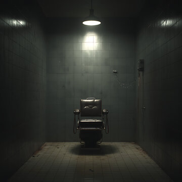 Creepy Chair in Desolate, Dimly Lit Interior with Vintage Decor: Exploring Abandoned Places Through Urban Industrial Design and Minimalist Shadow Play 