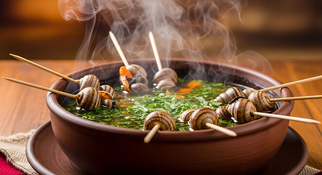 Steaming bowl of savory soup with snails served on skewers for a unique culinary experience.