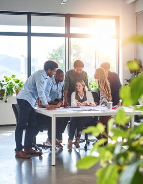 Diverse business team collaborating on a project in a modern office with bright natural light, discussing ideas and strategy.