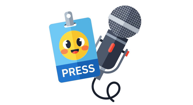 Press badge with microphone and smiley face illustration representing journalism and media communication
