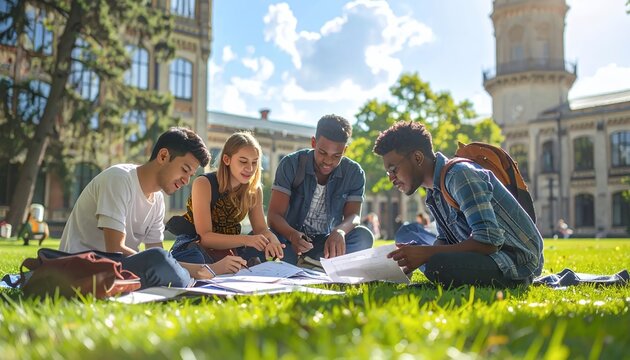 Diverse college students studying together on campus lawn.