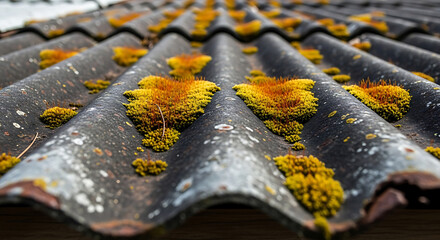 Obraz premium asbestos roof tiles with vibrant yellow moss growth illustrating natural decay weathering and environmental factors on old corrugated surfaces