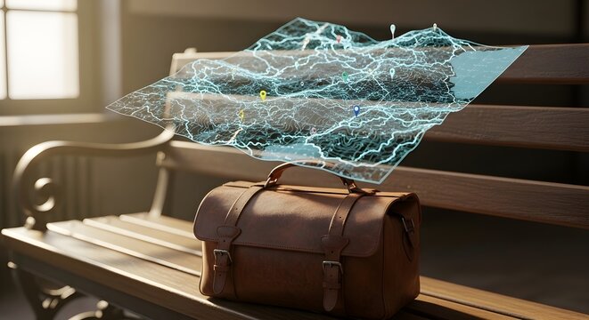 Revolutionary Holographic Workspace Interfaces materialize above a briefcase, illustrating dynamic data and portable connectivity in a futuristic setting