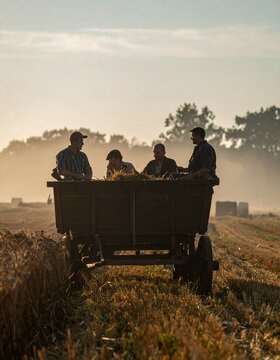 Farmers in a cart at sunrise, working in the fields during harvest season, with a golden glow over the landscape.