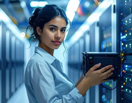 Female IT Engineer Working in a Modern Data Center, Checking Server Racks and Network Connections.