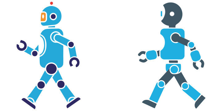 Two cartoon robots walking side by side on white background eps 10