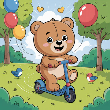 A cheerful teddy bear enjoying a joyride on a scooter in a colorful park