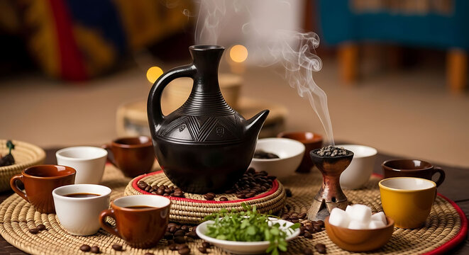 Traditional Ethiopian coffee ceremony features a black jebena with steaming cups and coffee beans.