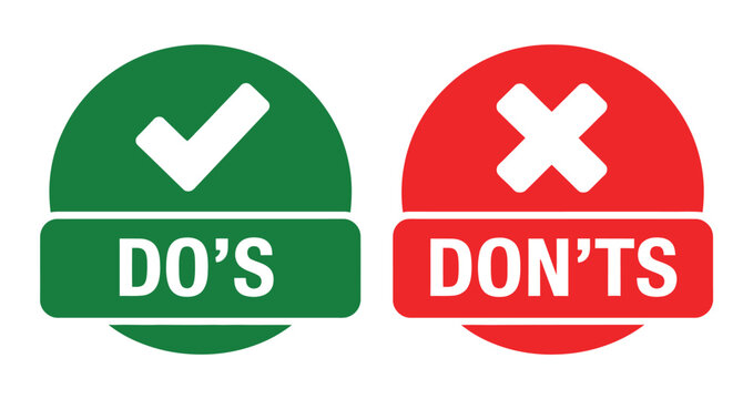 Do's and don'ts icon vector in flat style showing green check mark and red cross representing positive and negative actions, good and bad behavior, and guideline symbols.