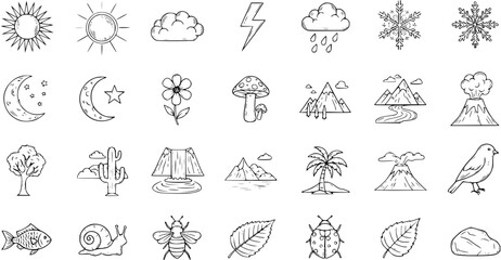 Doodle Line Art Nature and Weather Icons Set - Hand Drawn Collection of Environmental Elements, Seasons, Animals, and Plants © abenail