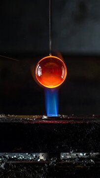 Glassblowing art in action - Molten glass sphere heated by a blue flame, creating a vibrant orange glow in a dark workshop.