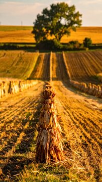 Golden Harvest Field with Hay Bales and Distant Tree Under a Warm Sunset Sky.