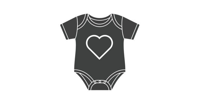 A minimalist vector illustration featuring a dark gray baby onesie graphic with a white heart outline, perfect for infant clothing design and new baby announcements.