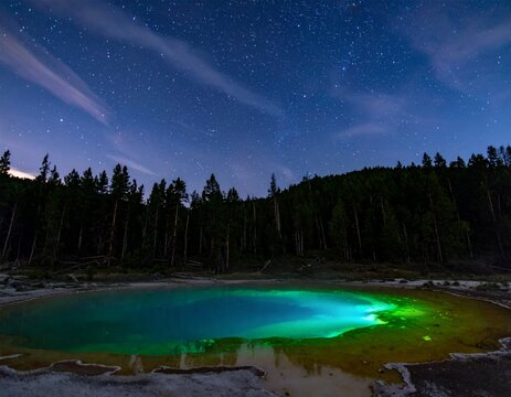 Grand Prismatic Spring at Night with Stars and Vibrant Colors in Yellowstone National Park.