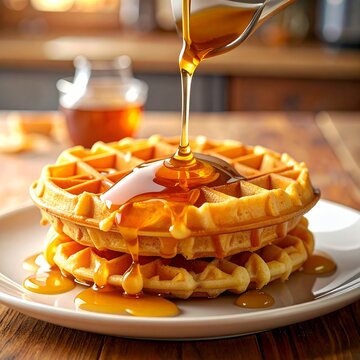 Golden Syrup Pouring Over Stack of Warm Waffles on a White Plate.