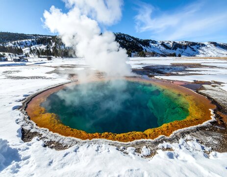 Grand Prismatic Spring in Winter, Yellowstone National Park.