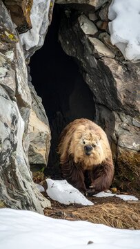 Grizzly Bear Emerging from Winter Den in Snowy Mountain Cave.