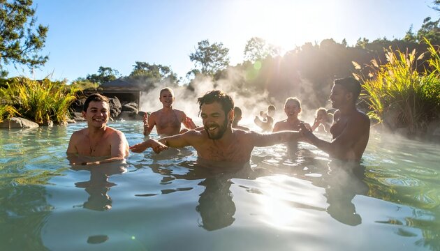 Group of friends enjoying a relaxing soak in a natural hot spring with steam rising at sunset.